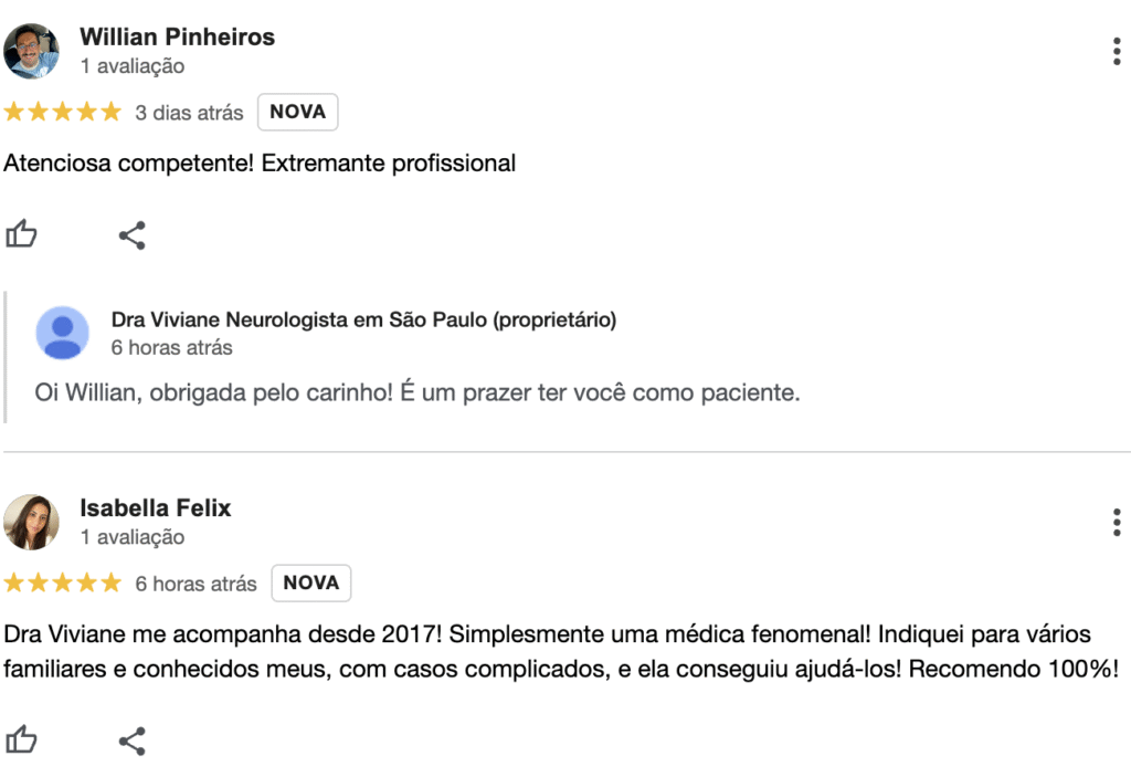 Foto de avaliações dos pacientes sobre o atendimento da Dra Viviane
