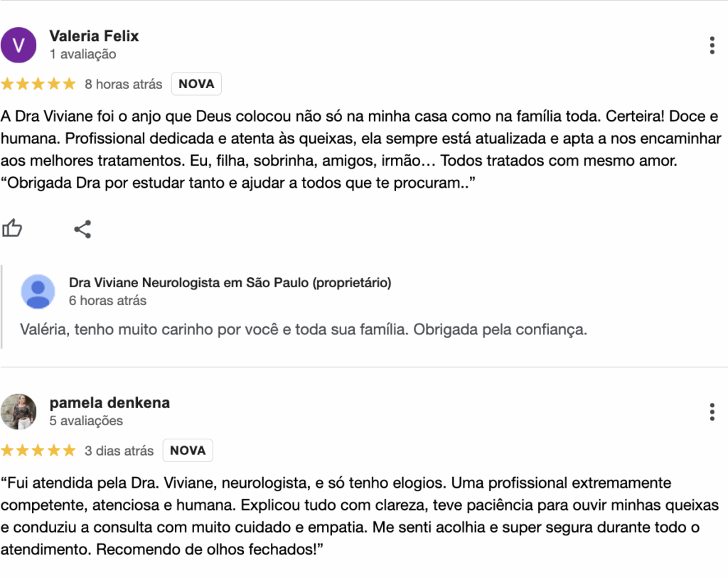 Foto de avaliações dos pacientes sobre o atendimento da Dra Viviane