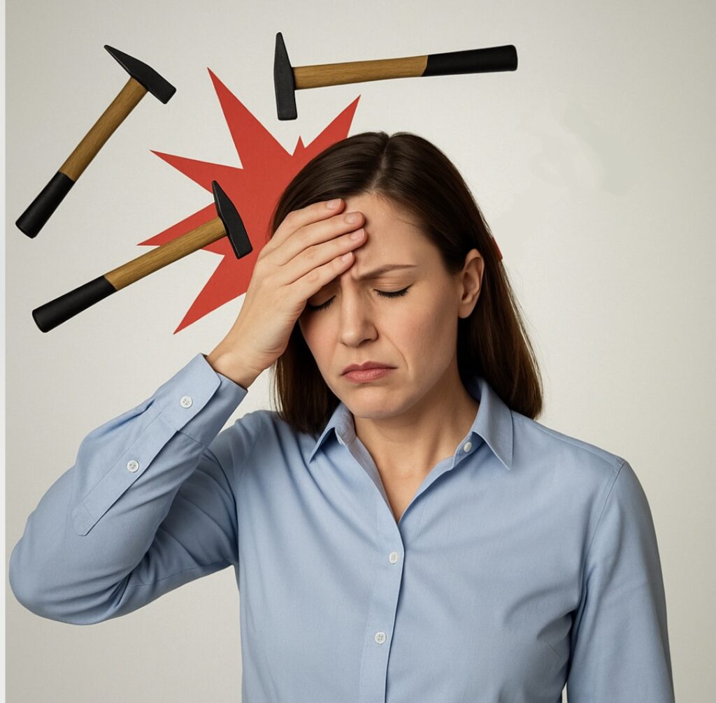 Mulher com enxaqueca, sentindo dor em marteladas na cabeça