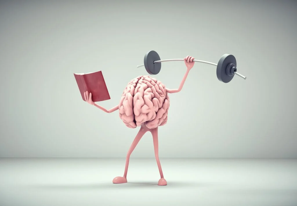 Cérebro com pernas e braços, lendo um livro e fazendo musculação