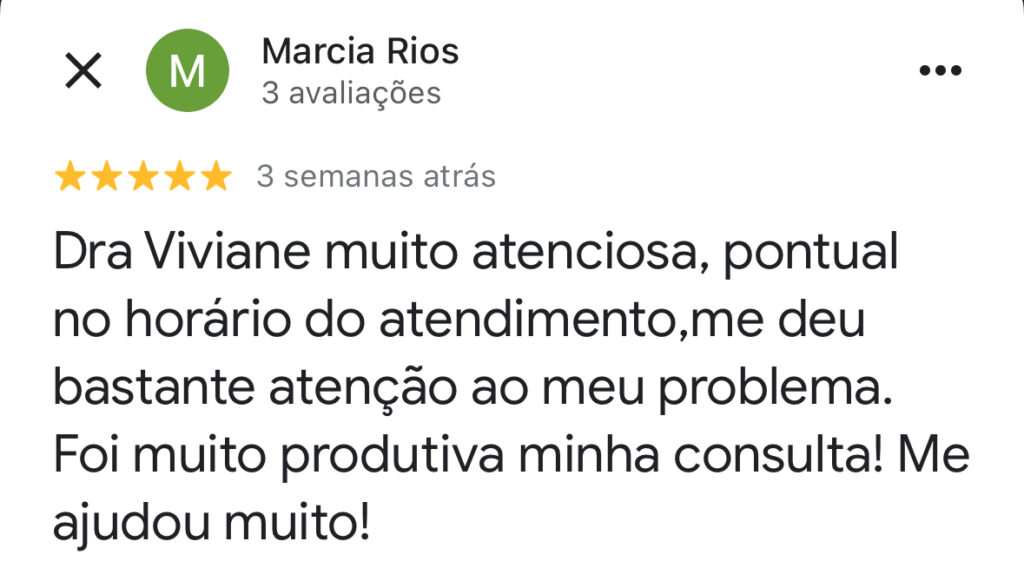 Avaliação de paciente sobre o atendimento da Dra Viviane