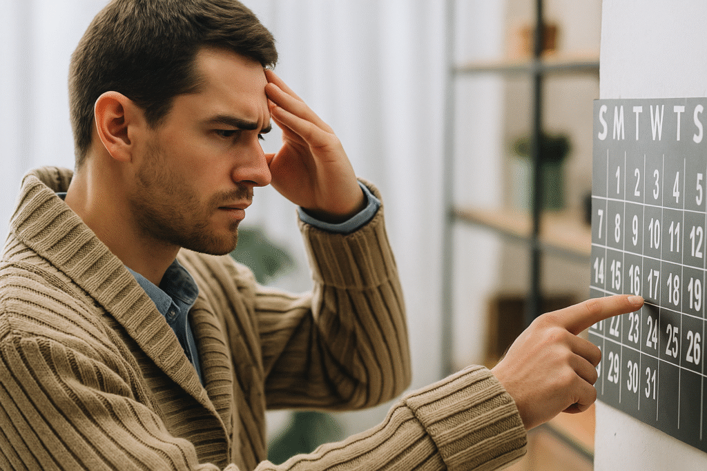 Homem jovem esquecido olhando para um calendário confuso