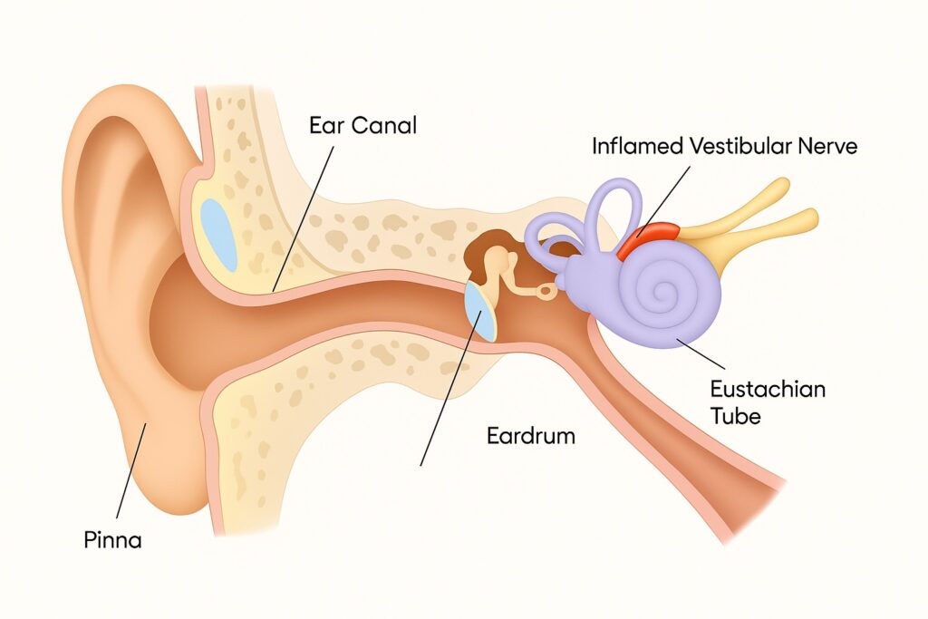Imagem que mostra o nervo vestibular inflamado na neurite vestibular
