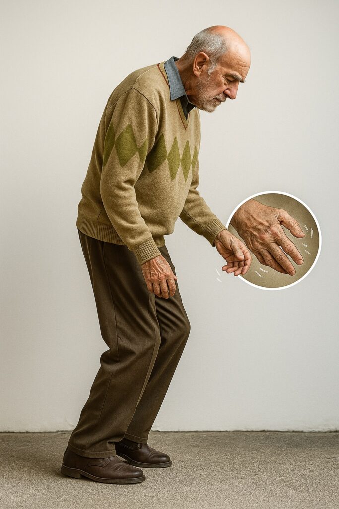Senhor com parkinson com tremor e postura do esquiador
