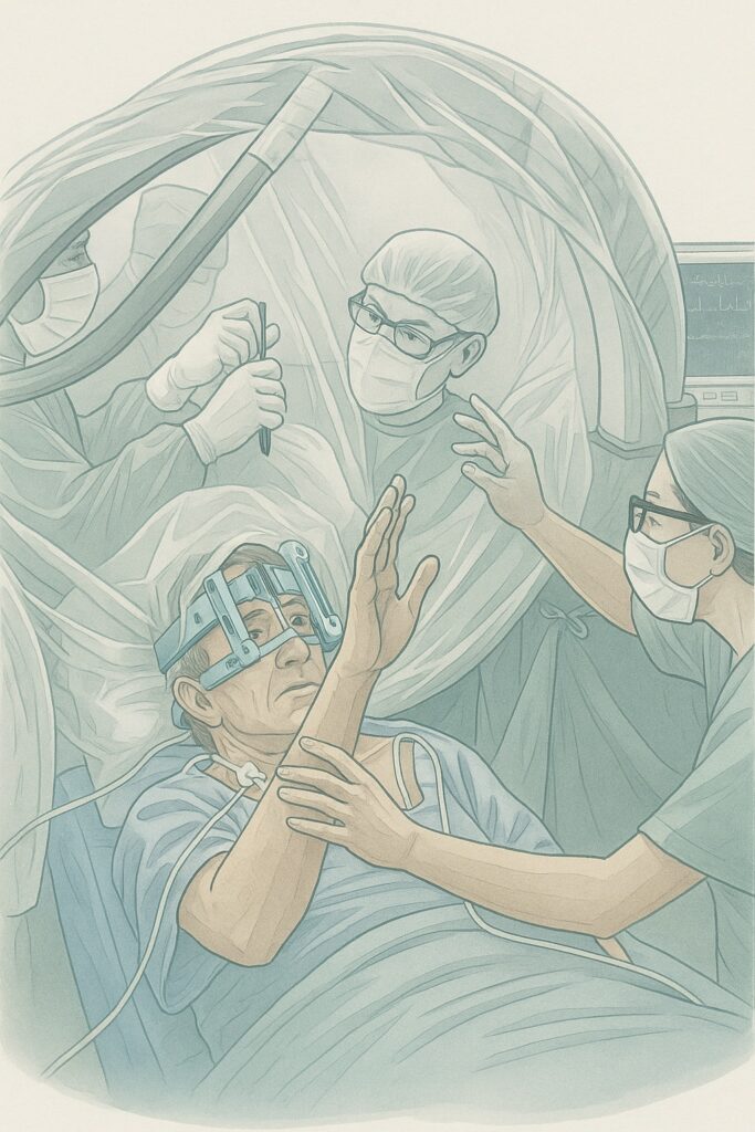 Desenho de um paciente sendo submetido a cirurgia de DBS