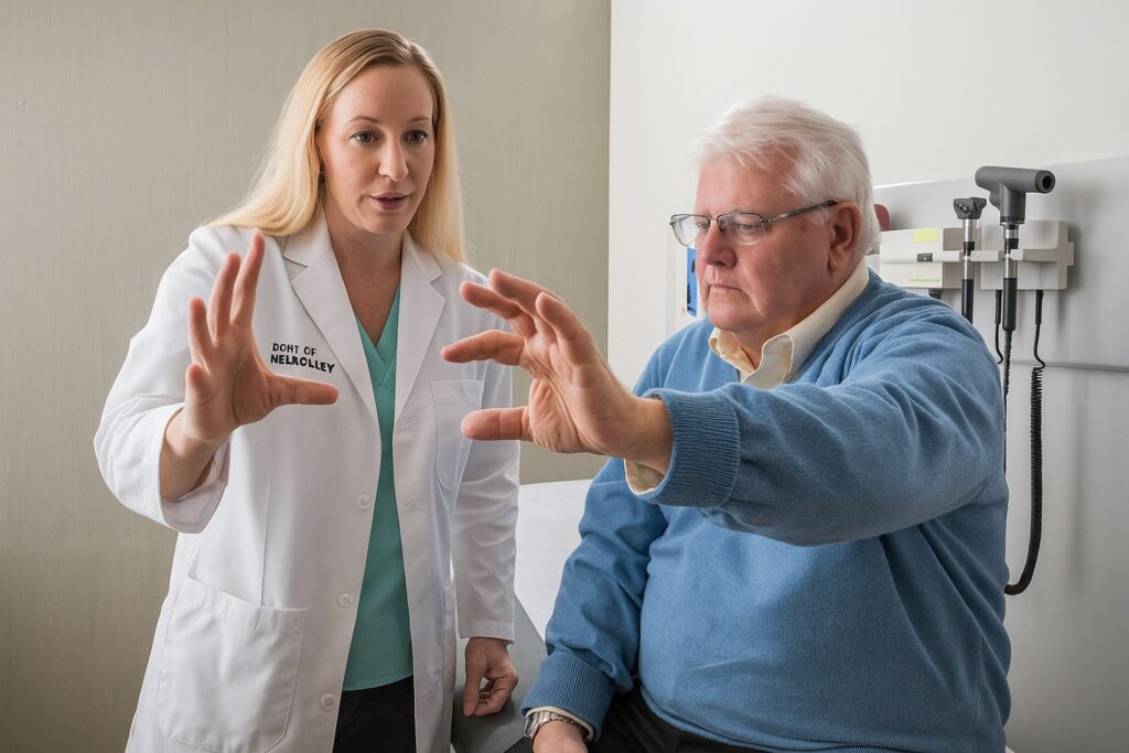 Neurologista especialista em distúrbios do movimento examinando paciente