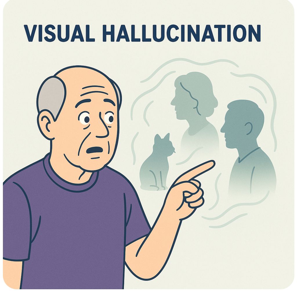 Imagem que mostra um idoso tendo alucinação visual
