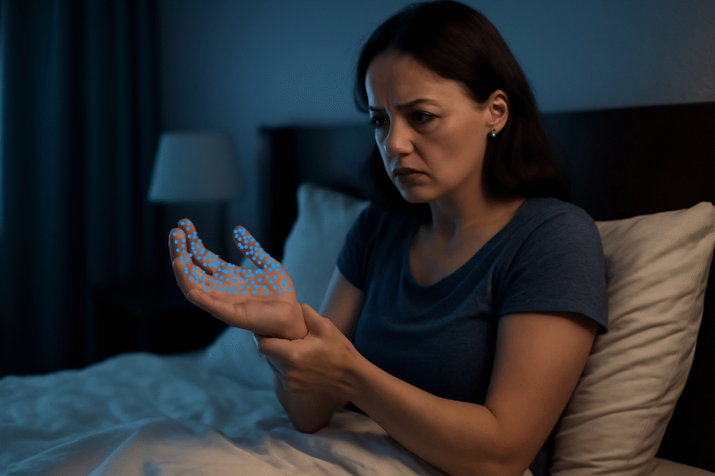 Mulher acordando de madrugada com formigamento na mão por síndrome do túnel do carpo