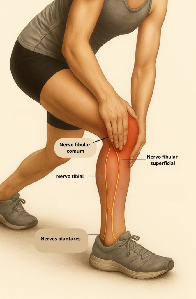 Imagem mostrando uma corredora com dor no joelho e inflamação comprimindo o nervo fibular