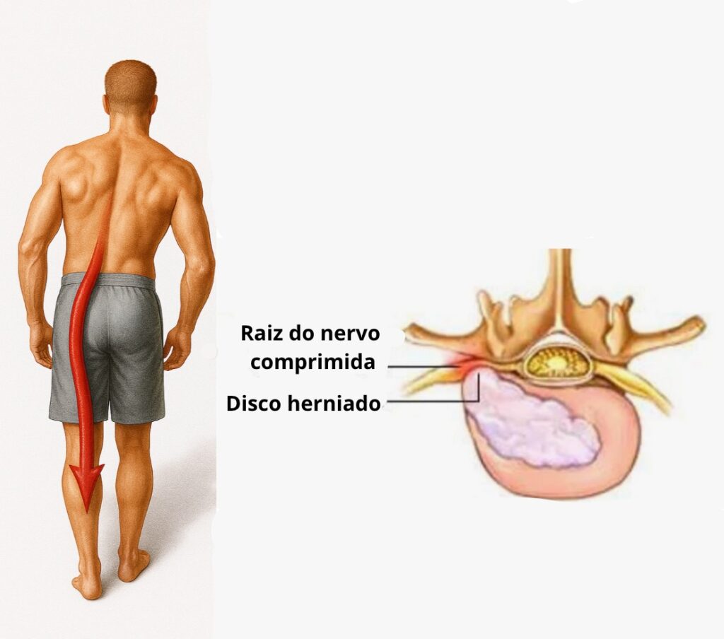 Imagem que mostra uma hérnia lombar e a localização da dor que ela gera