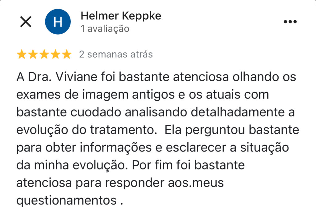 Avaliação de paciente sobre o atendimento da Dra Viviane