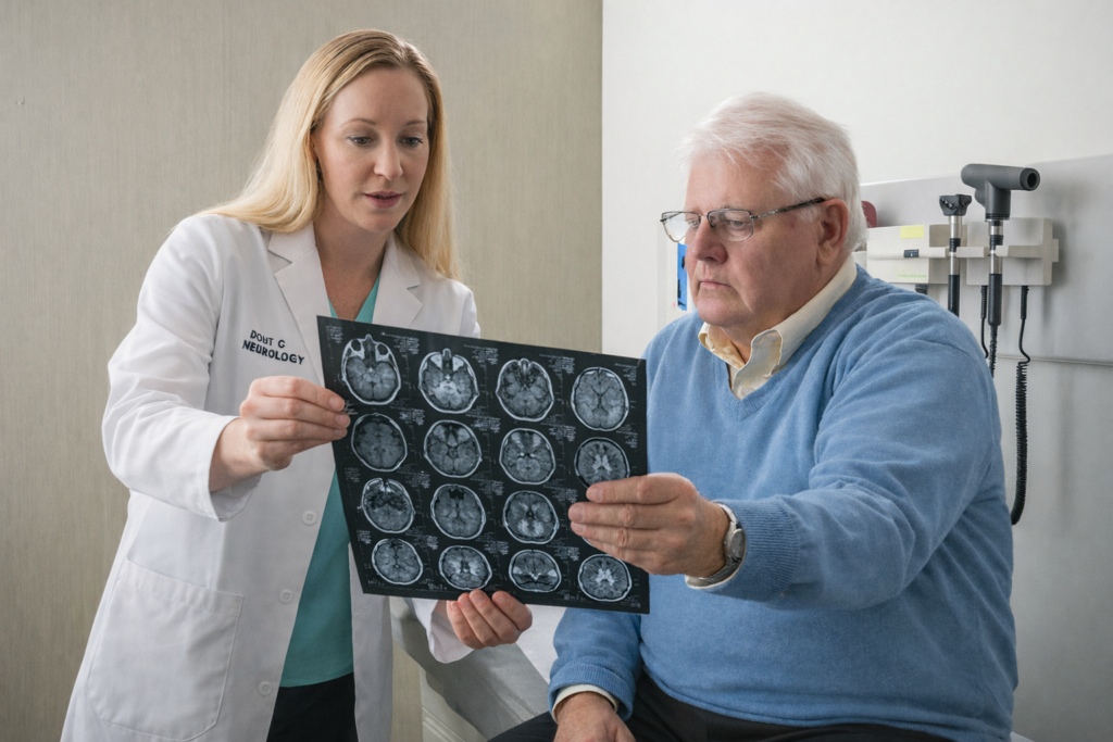 Médica neurologista explicando resultado da ressonância para o paciente