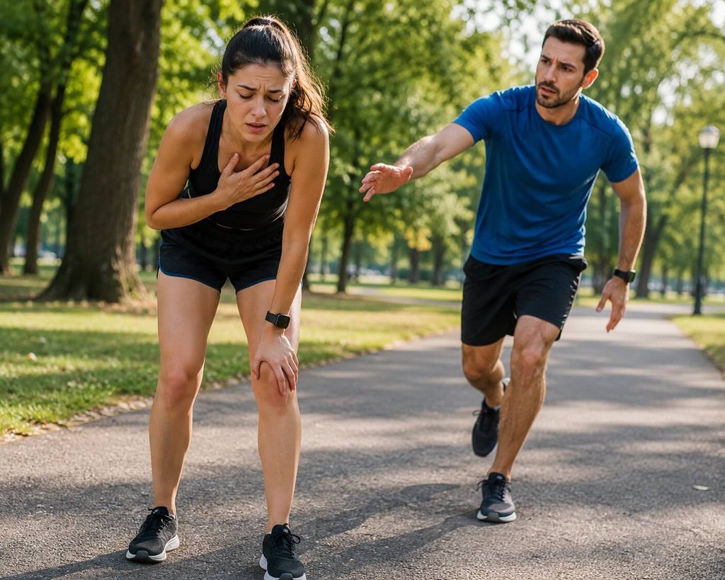 Mulher com dor no peito e sensação de desmaio durante corrida