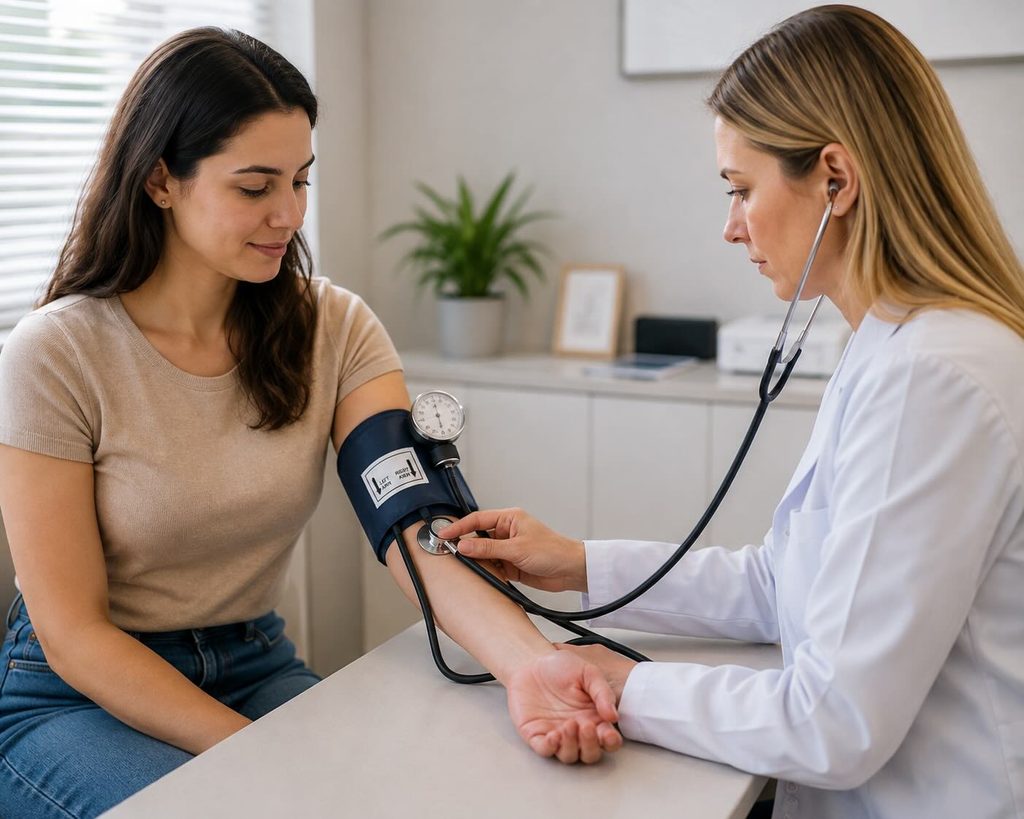 Médica neurologista medindo a pressão arterial