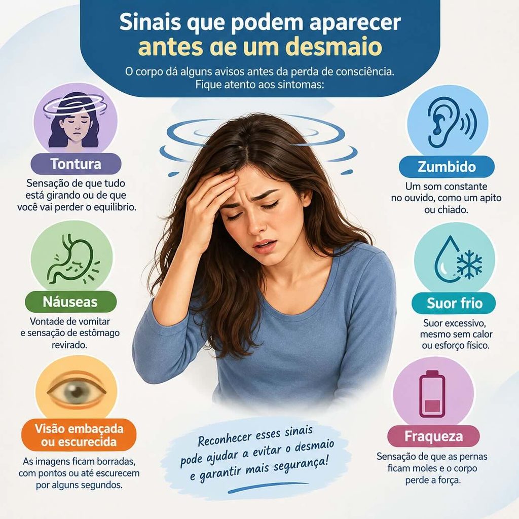 Ilustração que mostra os sintomas mais comuns antes de desmaiar