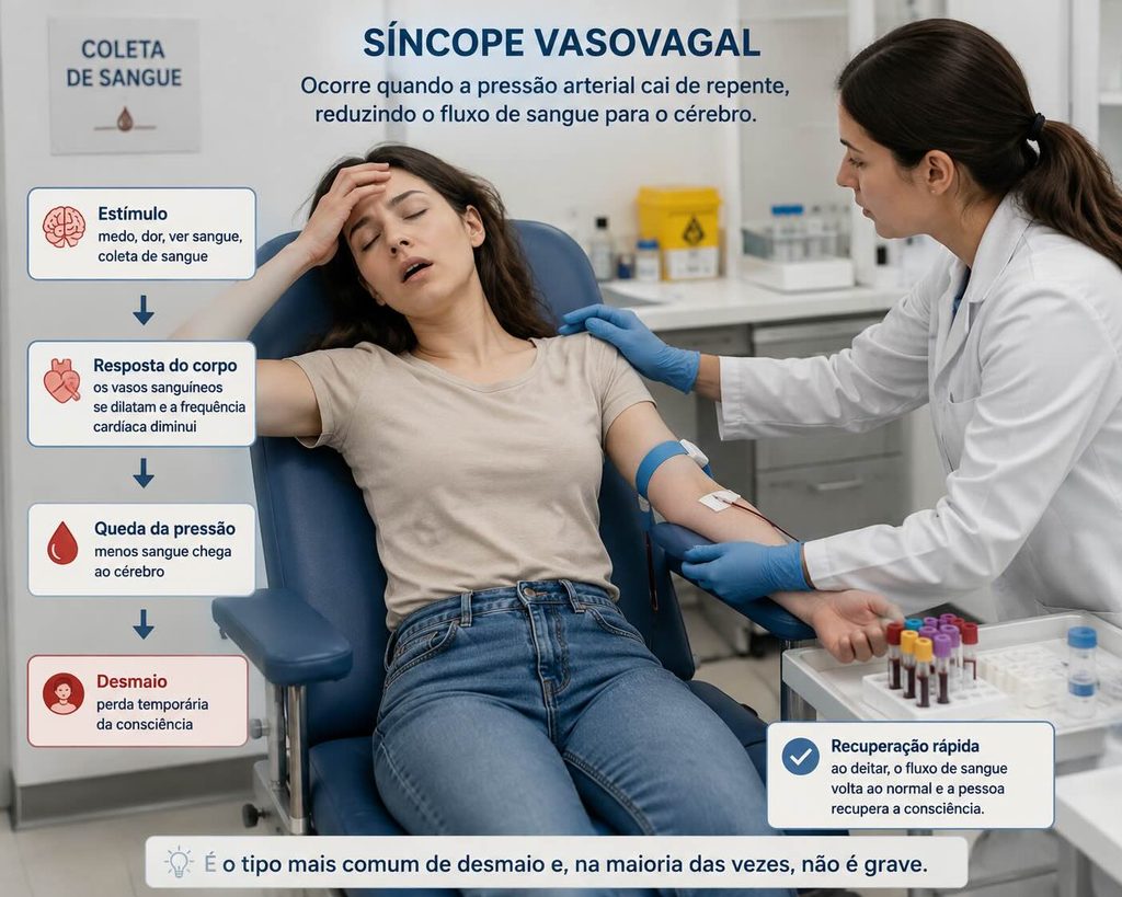Imagem de mulher jovem desmaiando durante coleta de sangue